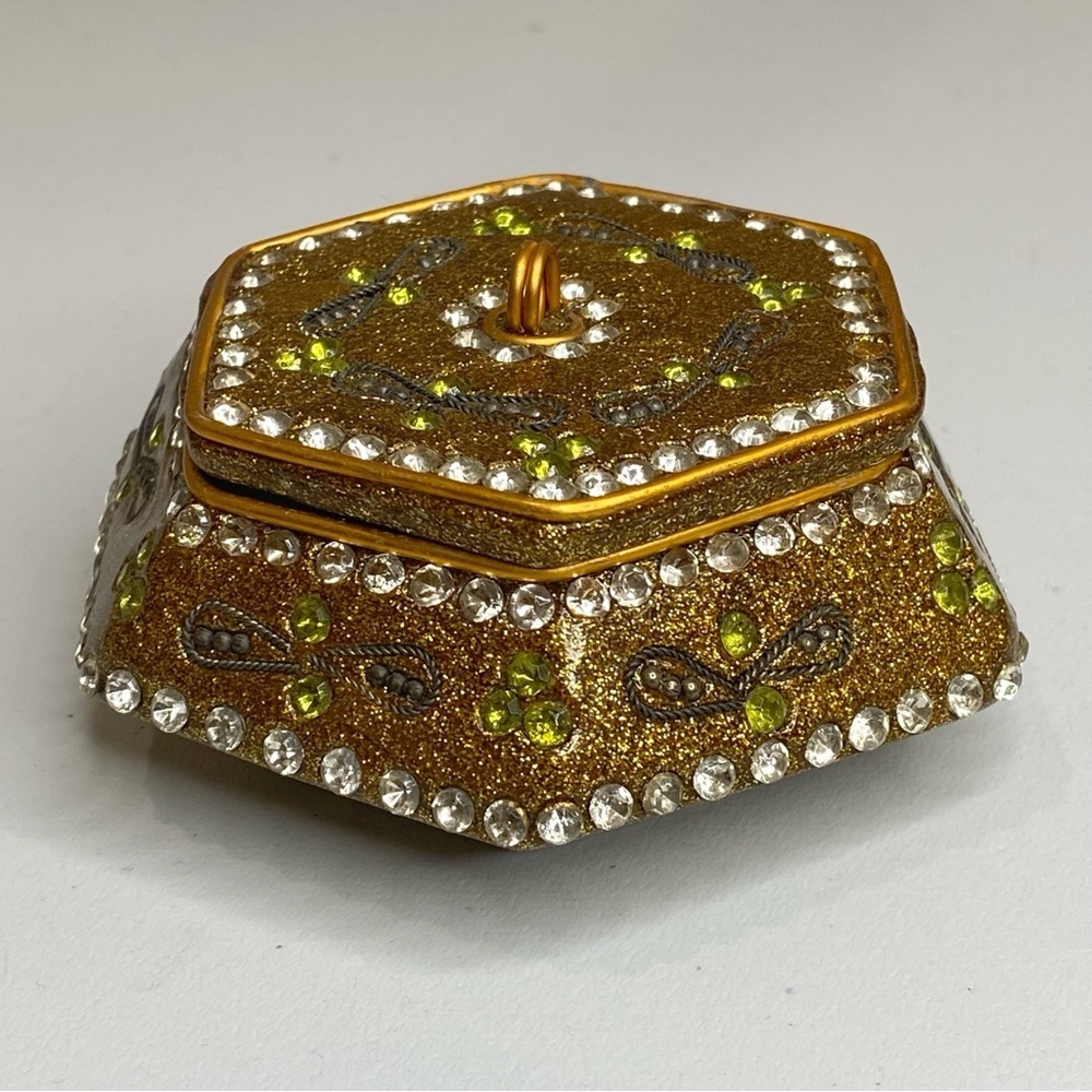 Vintage Gold Sparkly Enameled Bejeweled Trinket Jewelry Box Moroccan Mosaic